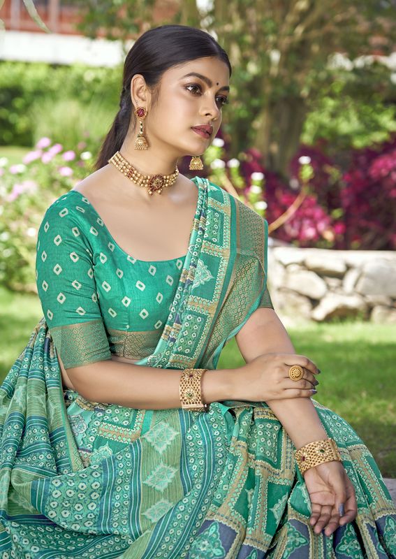 Rama Wevon Border Designer With Printed Kalamkari Silk Saree