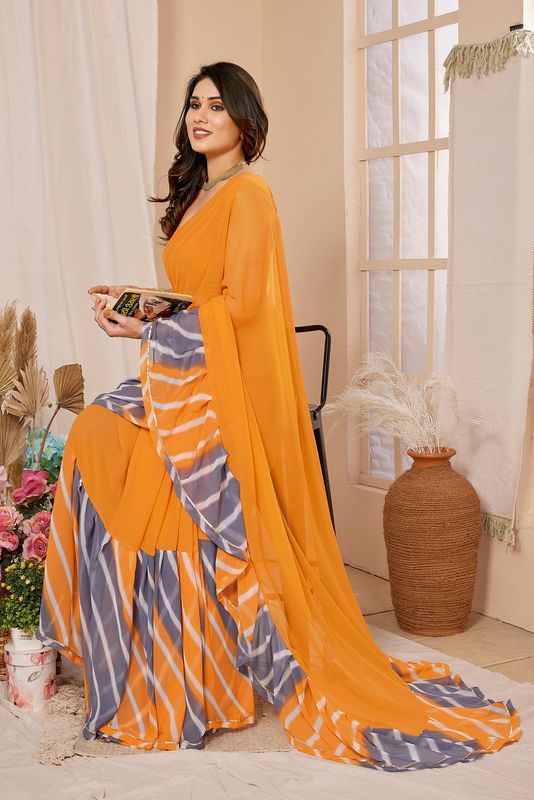 Yellow Designer Printed & Ruffal Georgette Saree