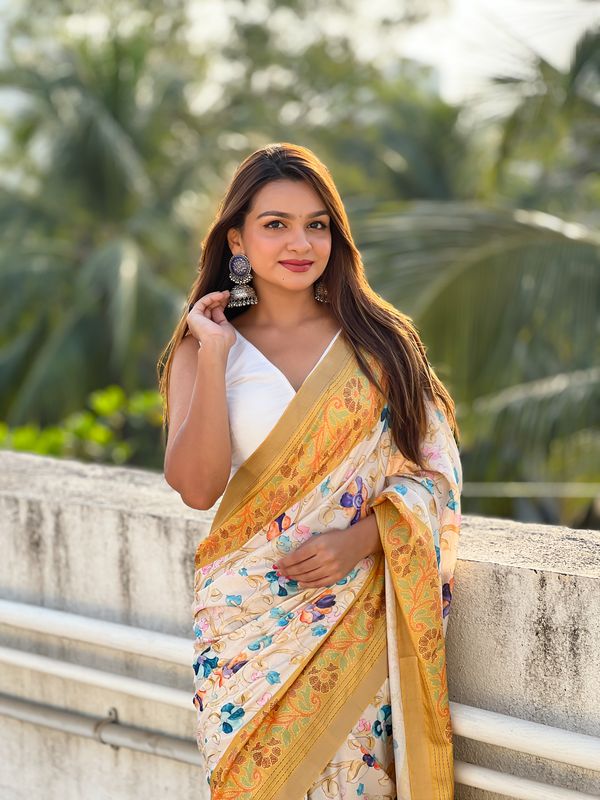 Mustard Wevon Jari Designer & Kalamkari Printed Tussar Silk Saree