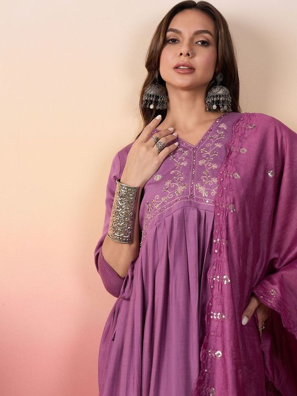 Purple Color Beautiful Woven Silk Readymade Suit with Festive Thread Embroidery Work