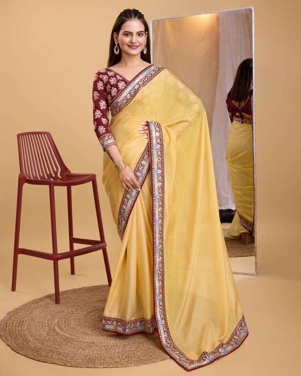 Yellow Heavy Embroidery Work Lace & Blouse Organza Saree