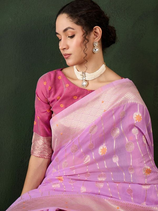 Purple Poly Cotton Wevon Designer Graceful Ethnic Partywear Saree
