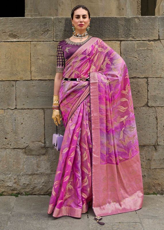 Pink Wevon Designer & Embroidery Work Jacquard Silk Saree