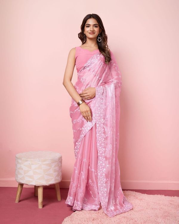 Pink Designer Sequance Embroidery Work Burberry Silk Saree