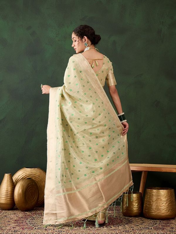 Pista Khadi Organza Woven Designer Saree With Classy Brush Paint Work