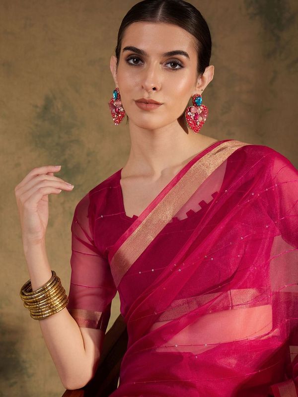 Pink Wevon Jari Pallu Border Designer & Sequance Lining Work Organza Silk Saree