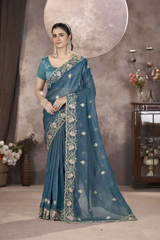 Blue Multy Thread & Sequance Embroidery Cut Work Gold Crunchy Saree