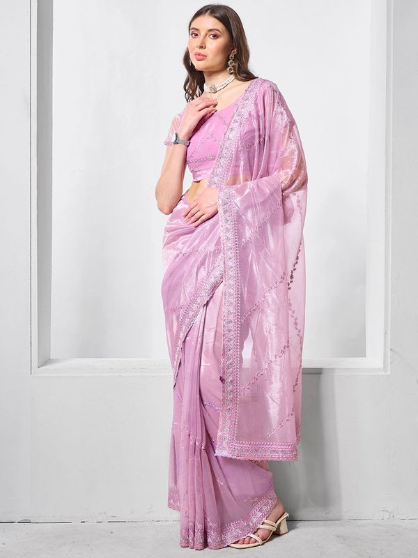 Purple Designer Embroidery Work Gold Tissue Net Saree