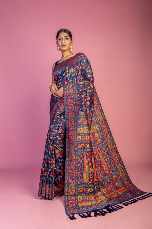 Blue Handloom Wevon Designer Kashmiri Pashmina Saree
