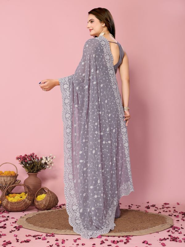 Purple Thread & Sequance Embroidery Work Georgette Saree