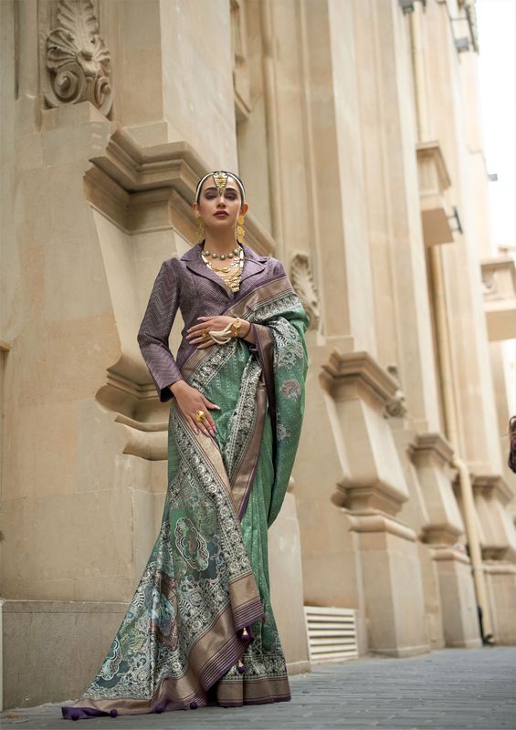 Green Weaving Jari Designer & Printed P V Silk Saree