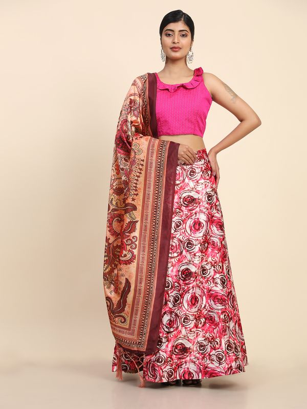 Digital Print Satin Silk Fabric Stitched Lehenga Choli With Jequared Blouse and Assami Silk Thread Work Dupatta For Women and Girls In Festive Party And Traditional Wear