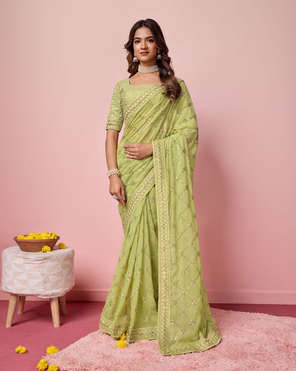 Green Designer Coding & Sequance Embroidery Work Georgette Saree