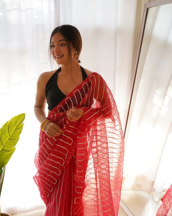 Pink Silver Gota Embroidery Work Organza Saree
