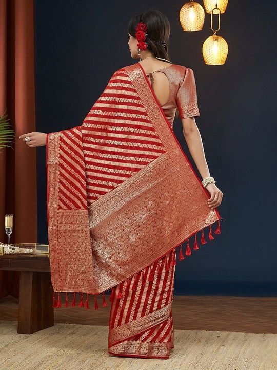 Red Georgette Leheriya Saree With Tassels on Pallu and Stitched Red Blouse