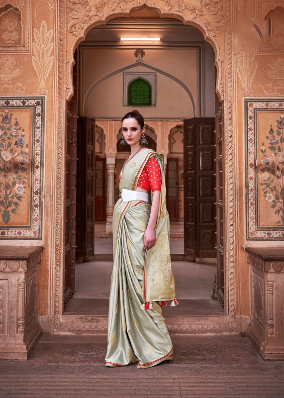 Grey Weaving jari Designer Satin Silk Saree