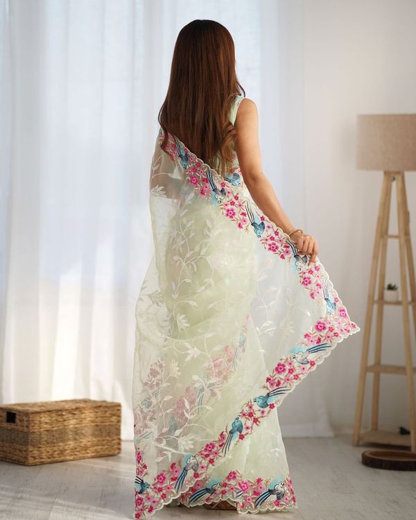 Pista Organza Fabric Multy Thread And Sequance Embroidery Work Festive Looks Graceful Saree