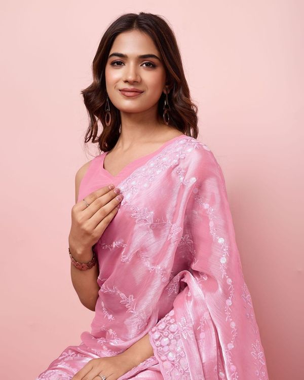 Pink Designer Sequance Embroidery Work Burberry Silk Saree