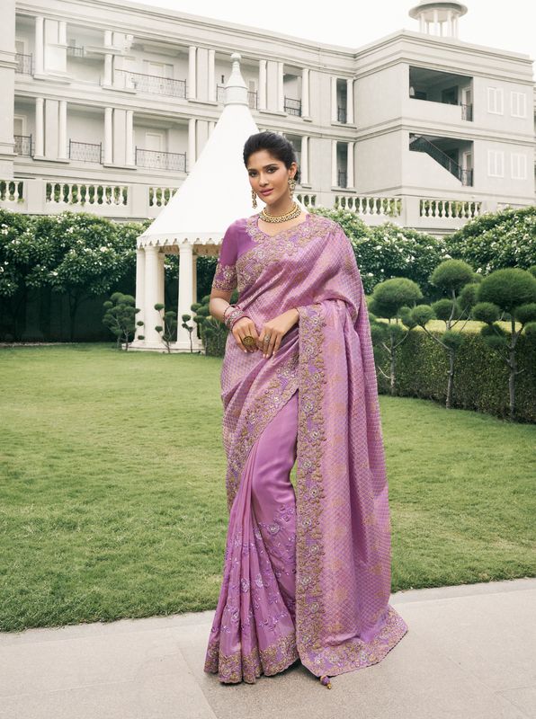Magenta Wevon Jacquard Designer Embroidery Work Viscose Tissue Saree