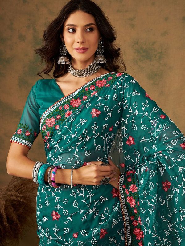 Green Designer Embroidery Work Organza Saree