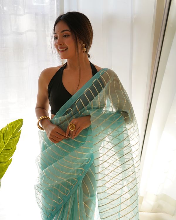 Sky Blue Silver Gota Embroidery Work Organza Saree