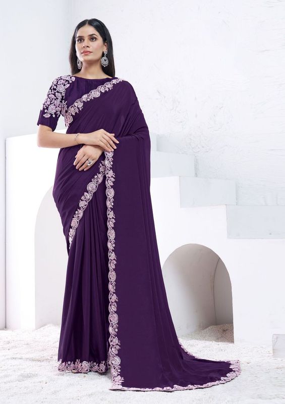 Purple Sequence Embroidery & Moti Work Crepe Silk Saree