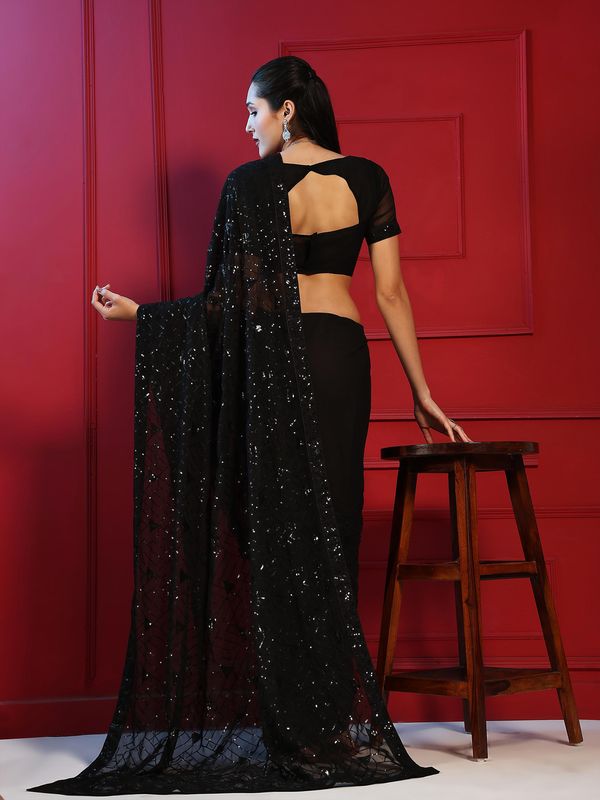 Black Designer Sequance Embroidery Work Georgette Saree