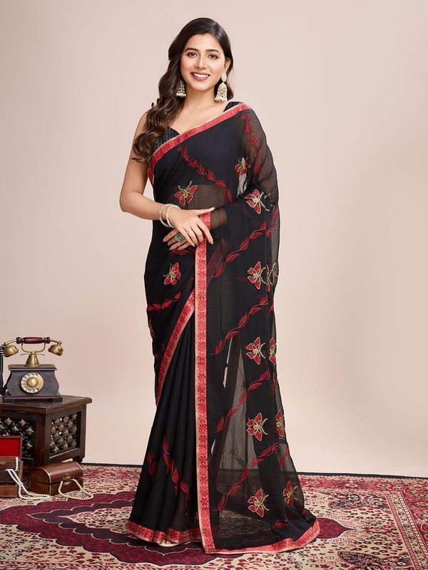 Black Designer Embroidery Work Georgette Saree