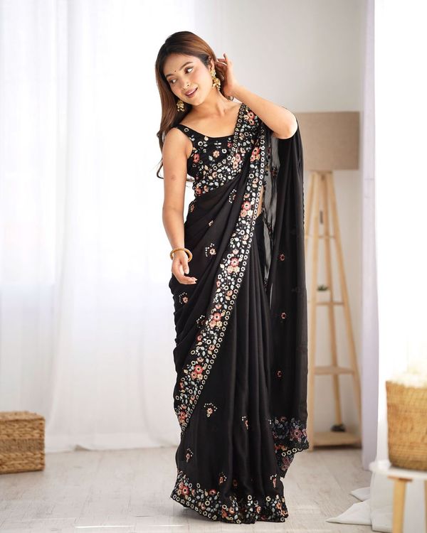 Black Multy Thread & Sequance Embroidery Work Satin Chiffon Saree