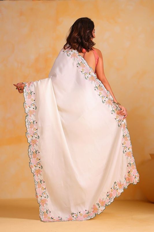 White Designer Viscose Thresd Embroidery Work Tusser Silk Saree