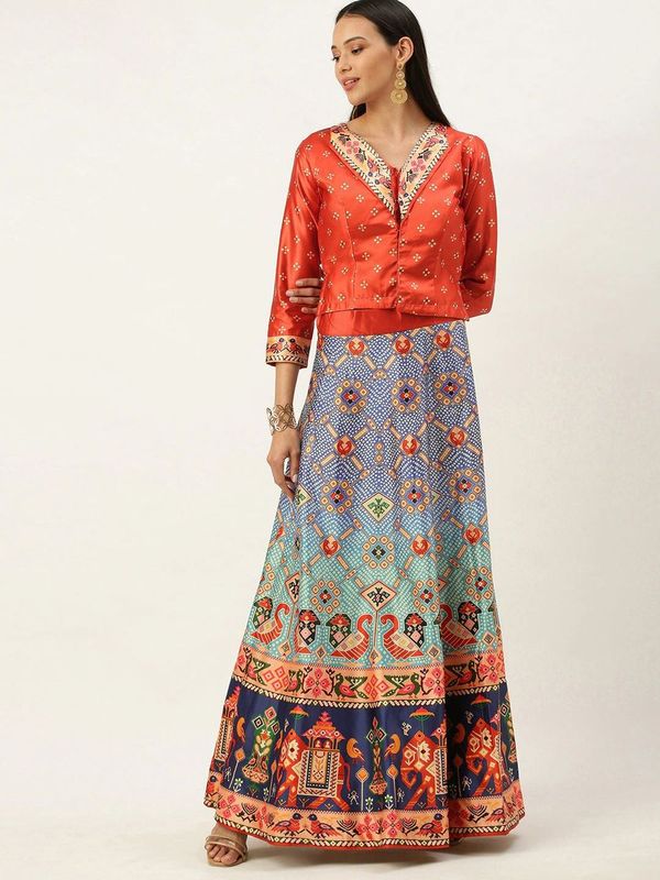Ethnic Motifs Digital Print Shiney Satin Croptop Lehenga Choli With Blouse For Women and Girls