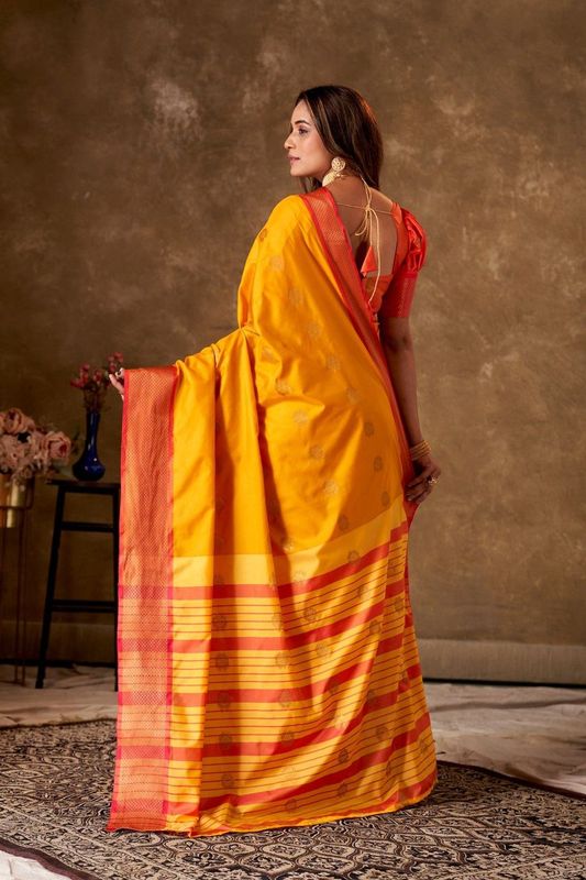 Mustard Cotton Woven Saree and Stitched Orange Blouse