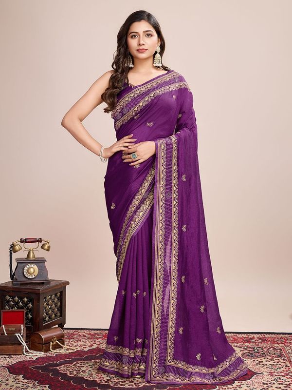 Voilet Designer Embroidery Work Vichitra Silk Saree