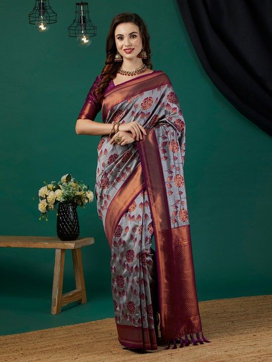 Dark Grey Banarasi Silk Woven Saree With Tassels on Pallu and Stitched Purple Blouse