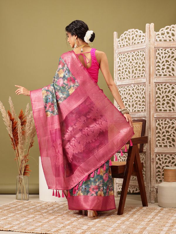 Teal Digital Printed Banarasi Cotton Zari Woven Saree