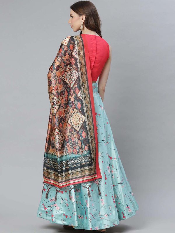 Digital Print Satin Silk Fabric Stitched Lehenga Choli With Jequared Blouse and Assami Silk Thread Work Dupatta For Women and Girls In Festive Party And Traditional Wear