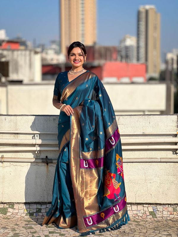 Navy Blue Wevon Paithani Vitthala Designer Soft Silk Saree