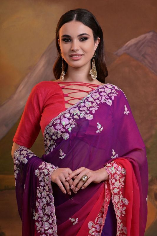 Pink Pedding & Sequance Embroidery Work Georgette Saree