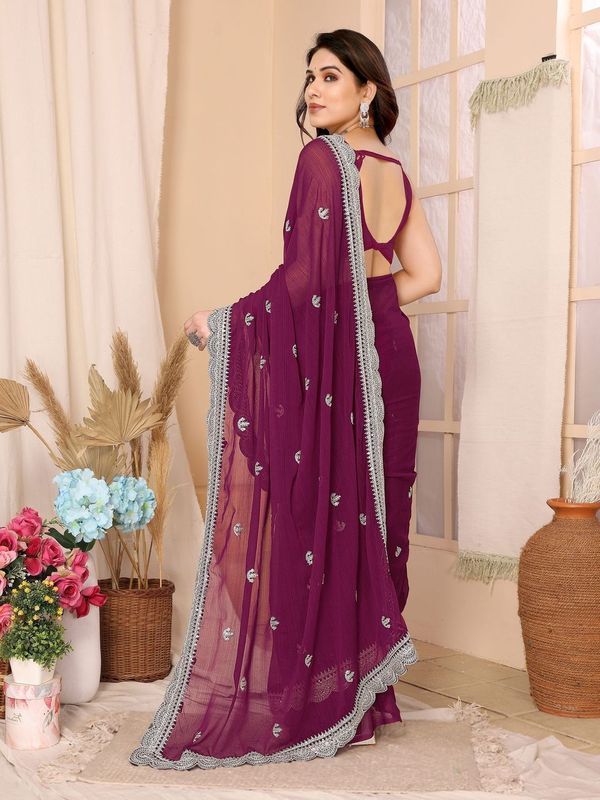 Wine Sequance Embroidery Work Zomato Chiffon Saree