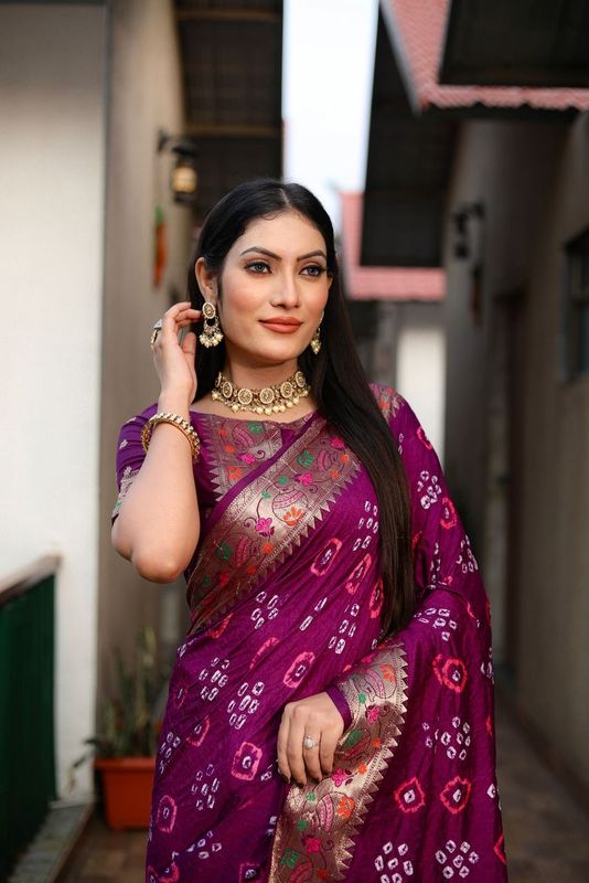Purple Wevon Matka Border & Pallu Designer & Bandhej Hand Printed Dola Silk Saree