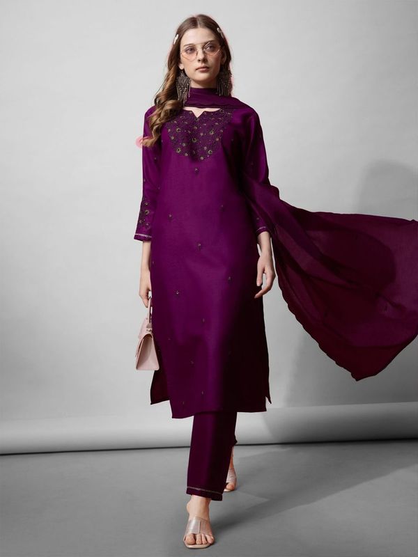 Purple Color Cotton Blend Readymade Dress With Designer Embroidery Work