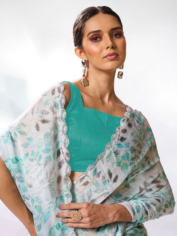 Sea Green Color Satin Georgette Fabric Designer Printed Graceful Bollywood Style Party Saree