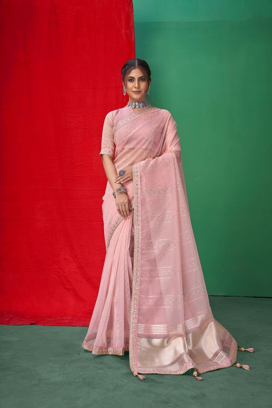 Pink Wevon Lining Designer & Coding & Sequance & Gota Patti Embroidery Work Organza Saree