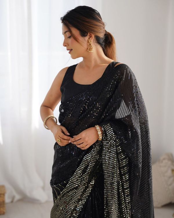 Black Designer Sequance Embroidery Work Georgette Saree