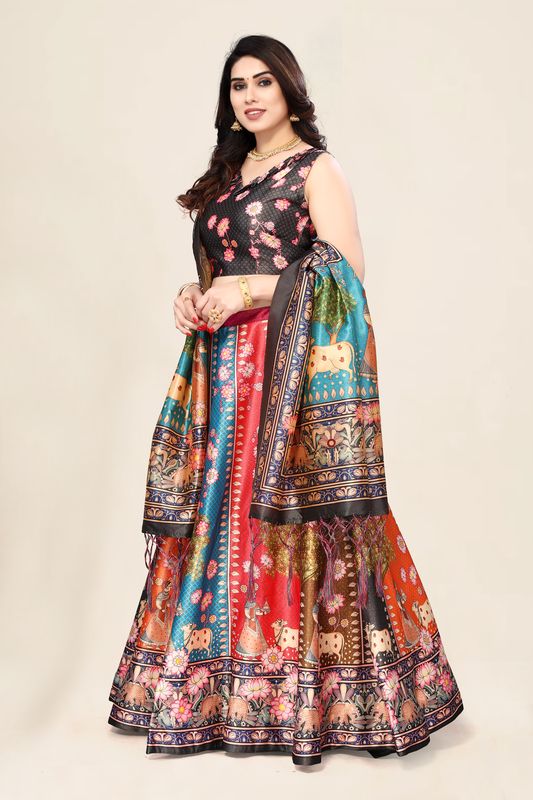 Digital Print Satin Silk Fabric Stitched Lehenga Choli With Jequared Blouse and Assami Silk Thread Work Dupatta For Women and Girls In Festive Party And Traditional Wear