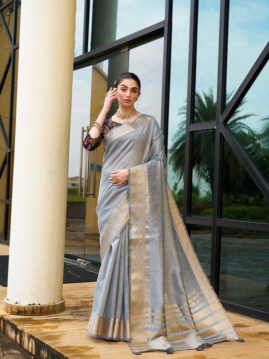 Grey Khadi Striped Saree and Stitched Multi Blouse