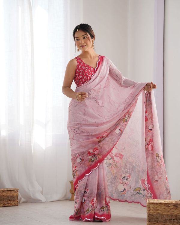 Pink Designer Digital Printed & Mirror Cut Work Chinon Saree