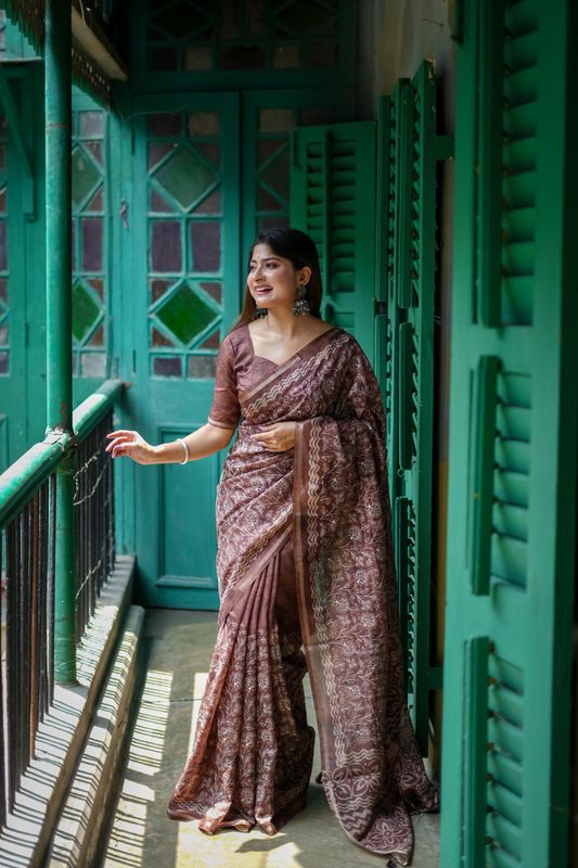 Brown Batik Printed & Embroidery Work Tussar Silk Saree