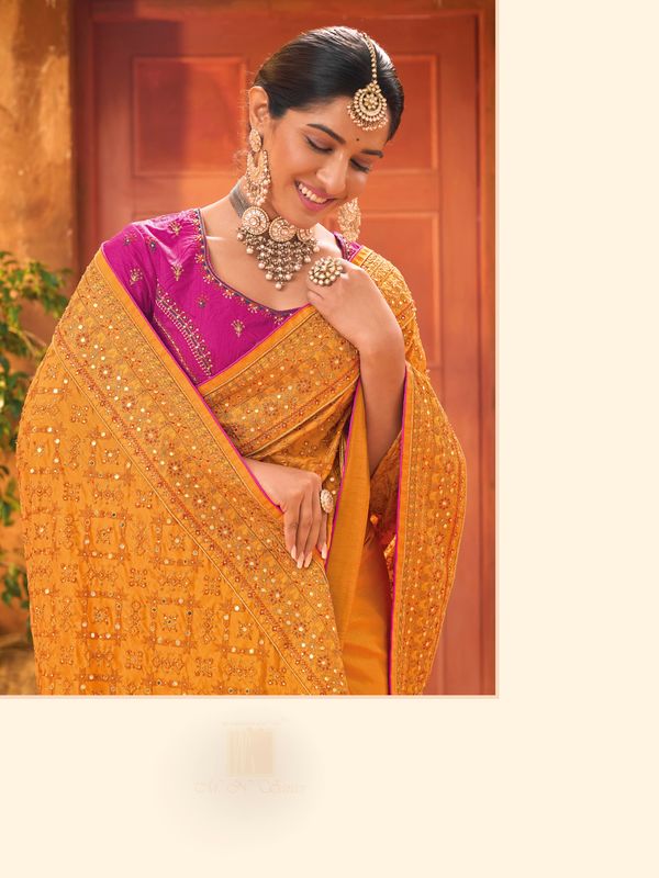 Mustured Wevon Designer & Real Mirror & Diamond & Kachhi Work Banaras Silk Saree