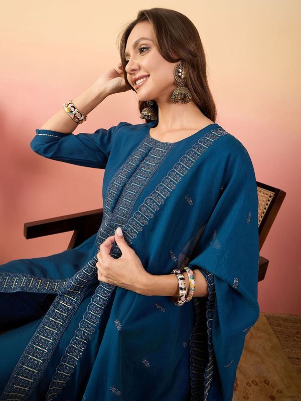 Blue Color Beautiful Woven Silk Readymade Suit with Festive Thread Embroidery Work